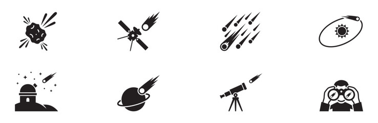 Astronomy, space observation, and exploration icon set. Telescope, satellite, planet, meteor, and observatory symbols. Vector illustration. © Roberto_Caravelli