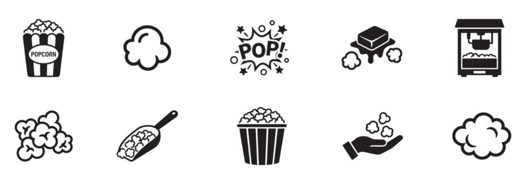 Popcorn and cinema snack icon set. Striped popcorn buckets, corn kernels, scoop, popping blast and machine symbols. Vector illustration.