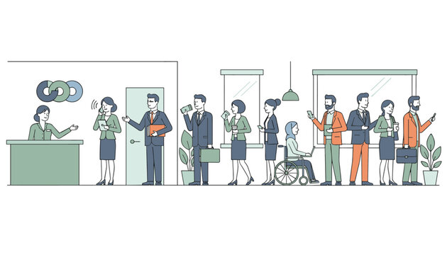 Diverse group of people standing in a long queue at a service reception desk in a modern corporate office or bank interior.