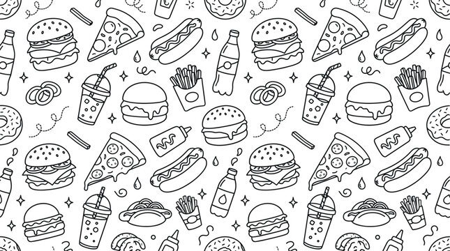 Fast food doodle seamless pattern with burger pizza hot dog french fries soda and junk food background