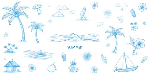 Obraz premium Blue Tropical Summer Vacation Doodle Collection In Line Art Style