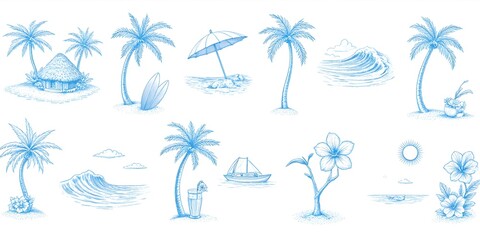 Obraz premium Blue Tropical Summer Vacation Doodle Collection In Line Art Style