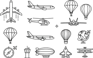 Aviation and air transport line icons set with airplane helicopter parachute jet fighter and hot air balloon elements © AKTAR