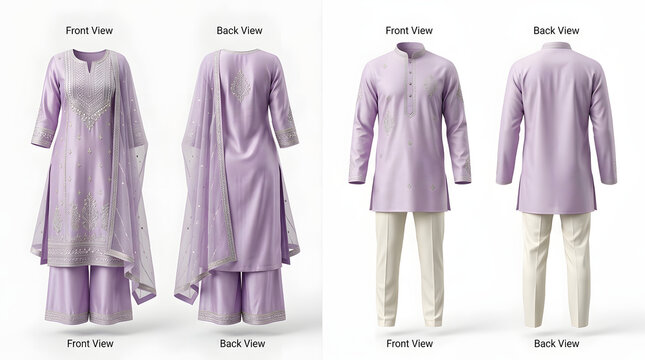 Traditional lavender Indian ethnic wear collection for men and women featuring elegant salwar kameez and kurta pajama design sets