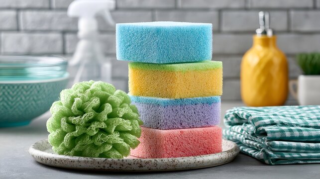 kitchen sponge cleaning concept with household hygiene and cleaning tools lifestyle realistic lighting commercial stock photography