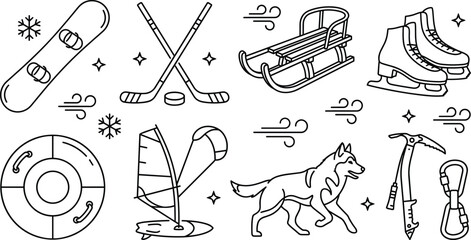 Winter extreme sports and outdoor activities line icons set with snowboard hockey sledding skates ice climbing elements © AKTAR