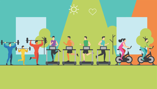 Active scene showing diverse people working out at a gym including lifting weights running on treadmills and riding stationary exercise bikes.