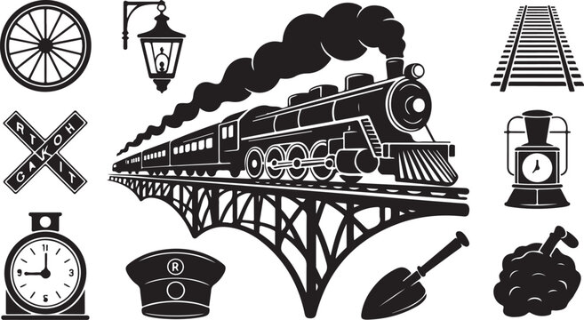 Vintage steam train, railroad icons, black silhouette, industrial symbols, 9 elements