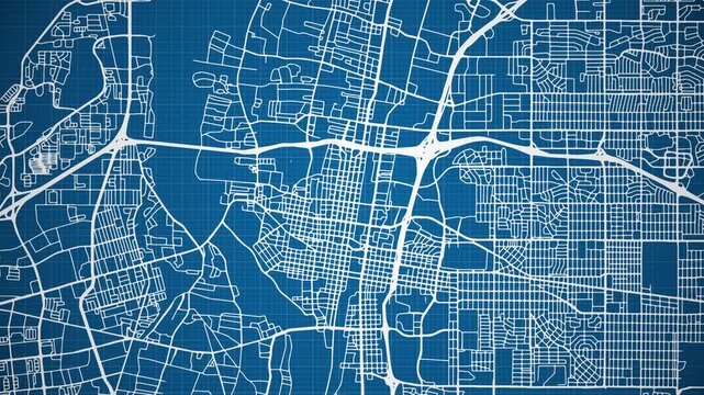 Ink reveal animation of Albuquerque city, New Mexico (NM), United States of America, grid map. Aerial top view. Blueprint style. White lines with blue background. 4K Seamless loop.