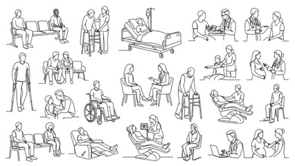 Fototapeta premium Premium Patient Line Art Collection | Healthcare Recovery One-Line Figure Library