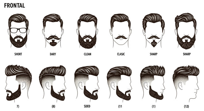 Modern men hairstyle and beard set, 12 barber shop icons with frontal and side views, trendy male grooming and facial hair vector collection