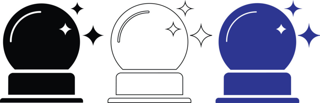 Set of black silhouette crystal ball, outline crystal ball, and blue crystal ball vector illustration, for fortune telling.