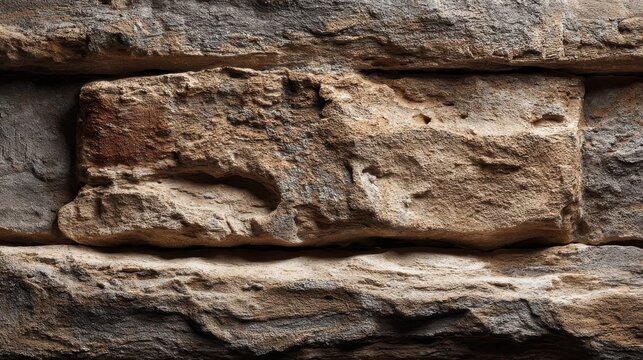 Aged limestone wall closeup showing weathered blocks with deep erosion patterns, mineral staining, natural shadows in grooves, and time-worn surface texture for commercial design