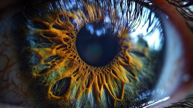 Iris melanin patterns macro human eye blue green amber pigment detailed radial fiber formations pupil iris periphery natural texture