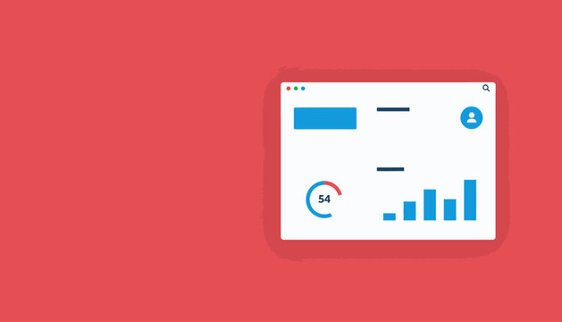 Flat design dashboard interface with charts, graphs and user profile icon on a red background