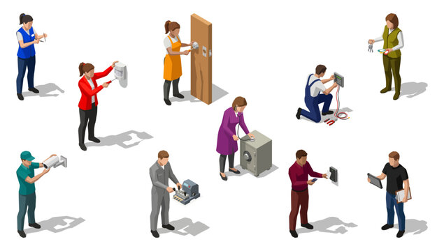 Locksmiths and security installers vector set installing cameras, door locks and safes | Isometric illustration