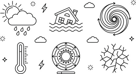 Fototapeta premium Natural disaster and extreme weather line icons set with flood hurricane drought global warming elements