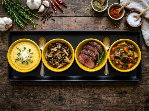 Four yellow bowls of different foods on a long black plate on wooden table