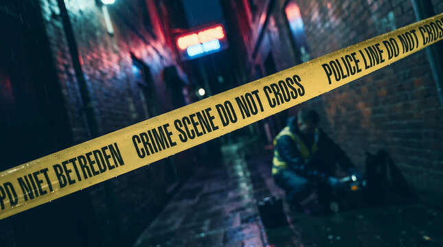 Police caution tape marking a crime scene at night with blurred crowd in background Detective Mystery Document, Dark Cinematic Collecting Evidence for Concepts