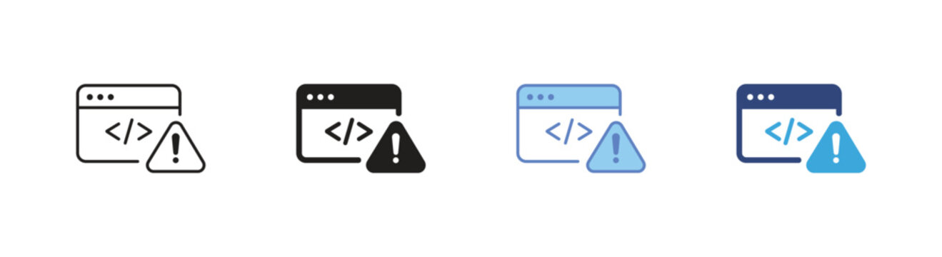 Code issue icon set, Browser warning symbols, Programming error vector icons, Software bug alert signs, Web development vector icons