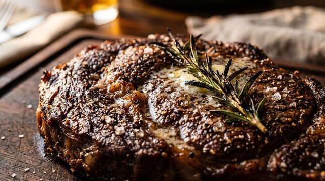 Seared Ribeye Steak Crust Macro with Pepper and Butter