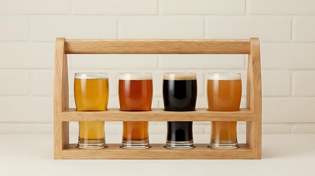 Wooden beer flight tasting set with eight glasses displaying various craft beer styles and colors for brewery sampling and beverage comparison.
