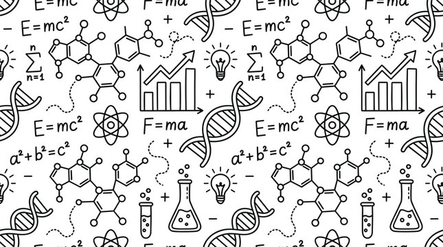 Science doodle seamless pattern with physics formulas chemistry molecules dna helix math equations and laboratory flask background