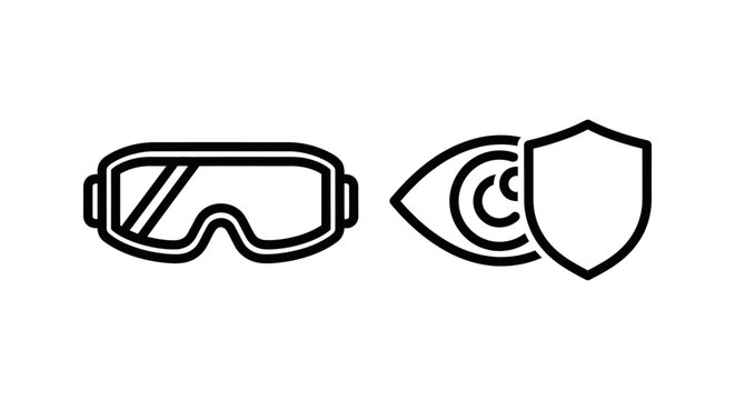 Safety goggles and protected vision shield line icons with protection eyesight security visionary protective wellness clinical examination monocular research diagnostic screening