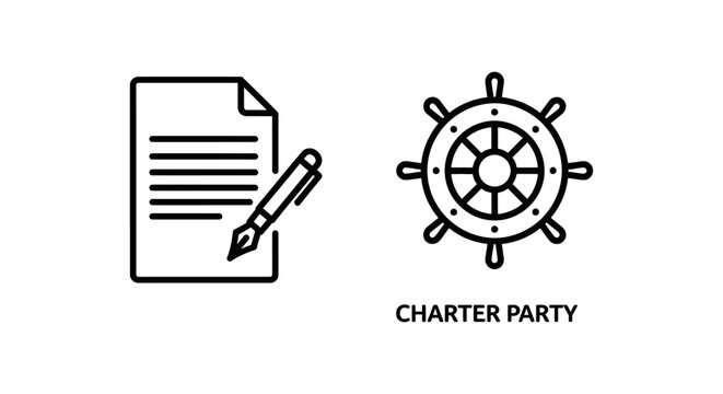 Shipping contract and charter party agreement linear icons for maritime logistics and legal documentation with shipping contract maritime agreement logistics nautical steering