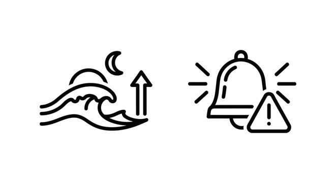 Warning system icons representing a real time tide level alert and an emergency notification bell with emergency notification disaster monitoring realtime information minimalist