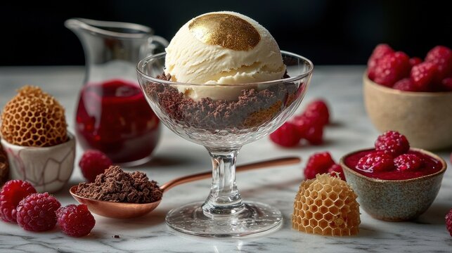Elegant deconstructed sundae with vanilla ice cream sphere topped with gold leaf in crystal glass, chocolate soil and berry components on marble surface