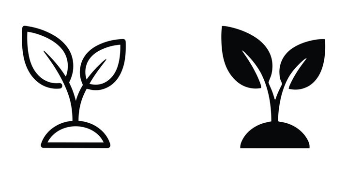 Young plant icon set. Sapling, sprout, and new growth symbols for nature and environment. plant sprout icon with leaves and soil, outline and silhouette vector illustration isolated on transparent bac