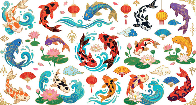 Japanese koi fish vector illustration collection featuring traditional nishikigoi carp swimming with lotus flowers clouds bamboo and water splash design elements (23 words)