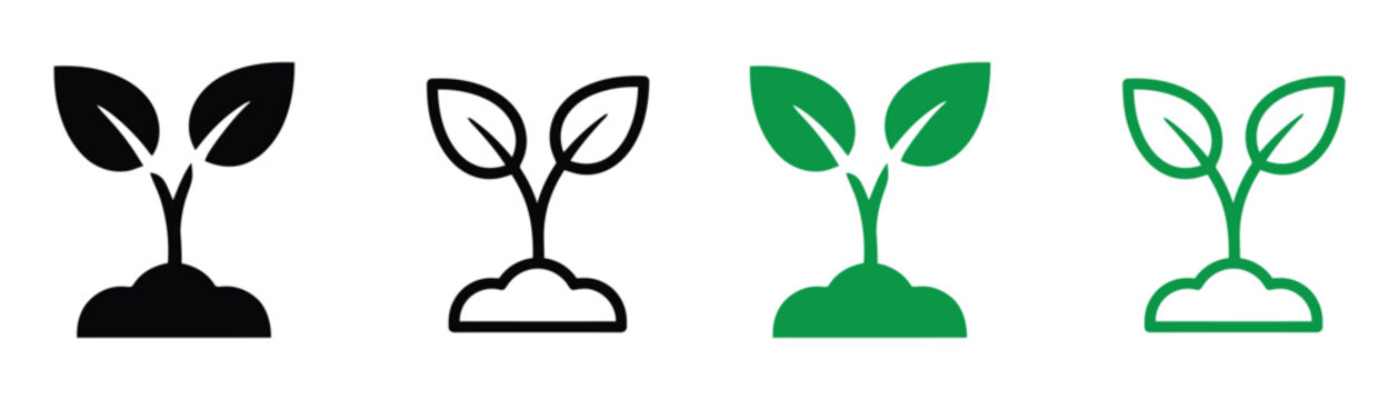 Young plant icon set. Sapling, sprout, and new growth symbols for nature and environment. plant sprout icon with leaves and soil, outline and silhouette vector illustration isolated on transparent bac