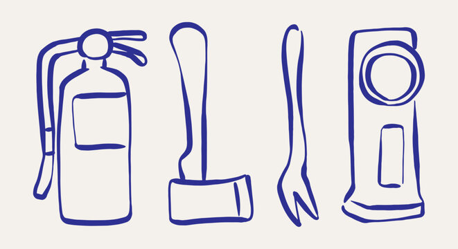 Firefighter equipment fire extinguisher, pry bar, axe, flashlight. in Ink doodle vector.