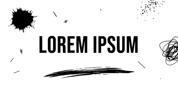 Lorem Ipsum Abstract Chaotic Composition with Black Ink Splashes, Scribbles, and Graphic Line Elements on White Background