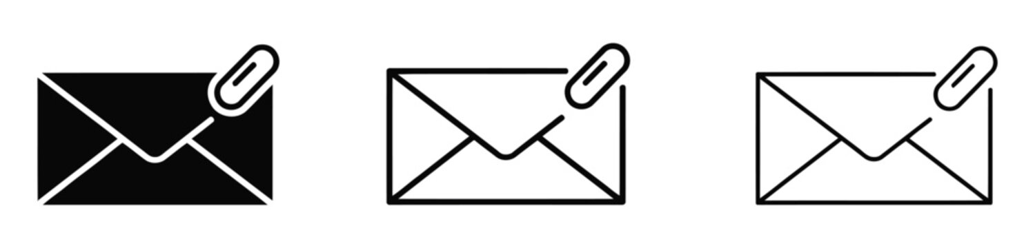 Mail with attachment icon set. Email message with paperclip symbol on white background. Email message with paperclip attachment Clipart, sticker - icon set - Line and glyph solid icon and logo templat