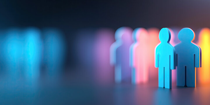 Colorful silhouette figures represent a diverse team standing together, symbolizing business collaboration and human resources.