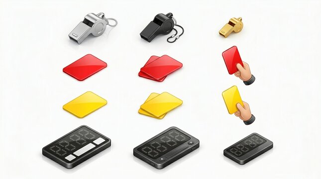 Three Dimensional Realistic Sports Referee Equipment Icons Featuring Whistles, Cards, and Timers