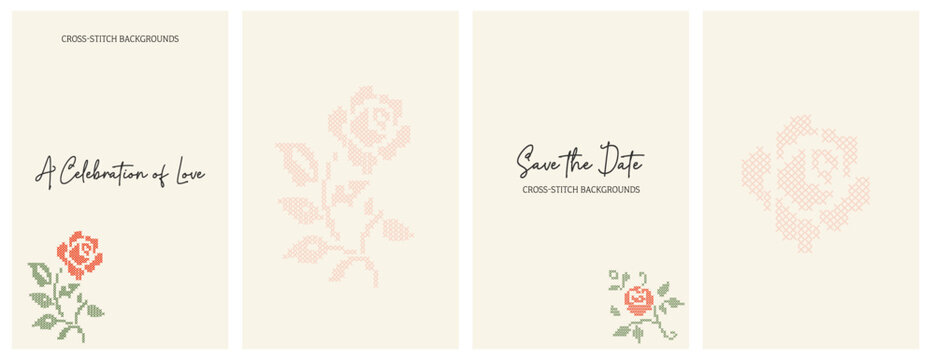Cross-stitch embroidery wedding invitation and save the date templates. A pixelated needlework greeting card set for cottagecore stories, romantic announcements, bridal shower social media graphics.