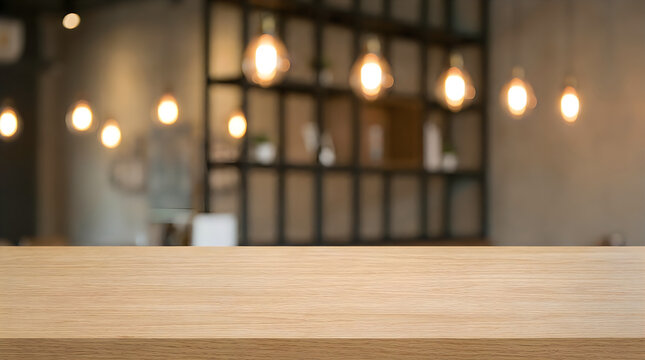 Empty wooden table top with blurred cafe interior background