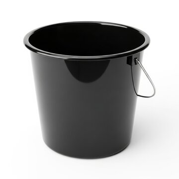 Black metal bucket with wire handle, isolated on white studio background.