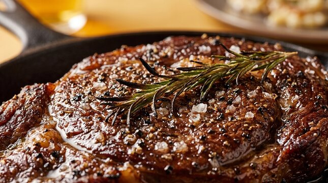 Seared Ribeye Steak Crust Macro with Pepper and Butter