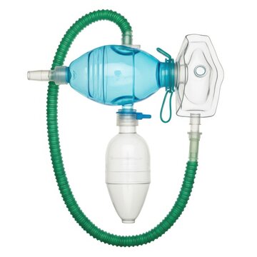 Blue manual resuscitator bag valve mask with green tubing on white background.
