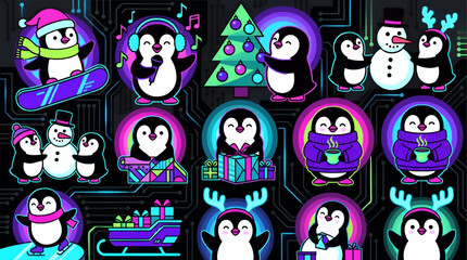 Fototapeta premium Cute Cartoon Penguins Celebrating Christmas with Holiday Activities, Festive Winter Theme, Flat Vector Design with Neon Accents