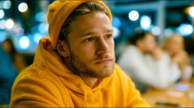 Worried young man sits thoughtfully in a crowded cafe, expressing anxiety, social isolation, uncertainty and emotional stress