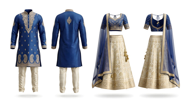 Traditional Indian ethnic wear set for Raksha Bandhan festival featuring blue embroidered kurta and cream lehenga choli with dupatta