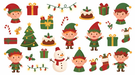 Naklejka premium Cute Flat Christmas Elves Collection with Festive Elements, Including Snowman, Gift Boxes, Candy Canes, Decorated Tree, and Holiday Cakes, Vector Illustration