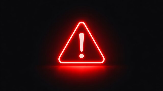 Glowing red neon warning triangle with exclamation mark on dark background symbolizing danger alert and risk management concept