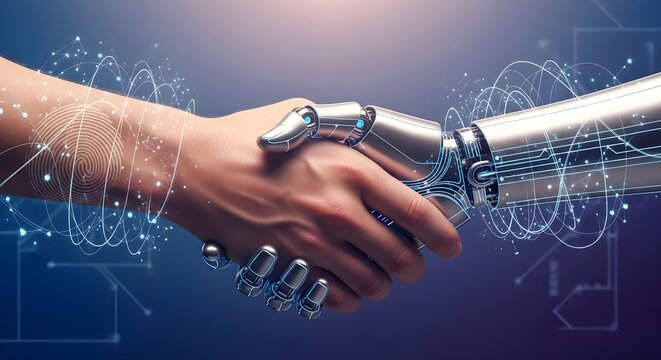 Human and robot hands shaking, symbolizing partnership, artificial intelligence, technological advancement, and the future of collaboration in a digital world.